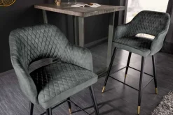 Design Barhocker PARIS grün Samt mit Lehne Metall schwarz gold Ziersteppung