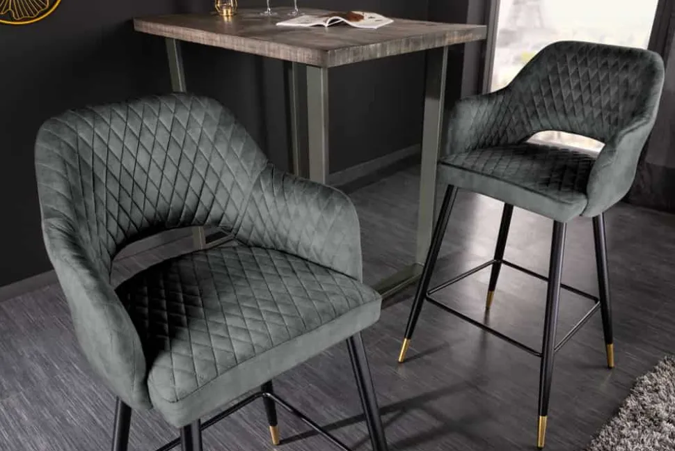 Design Barhocker PARIS grün Samt mit Lehne Metall schwarz gold Ziersteppung