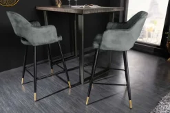 Design Barhocker PARIS grün Samt mit Lehne Metall schwarz gold Ziersteppung