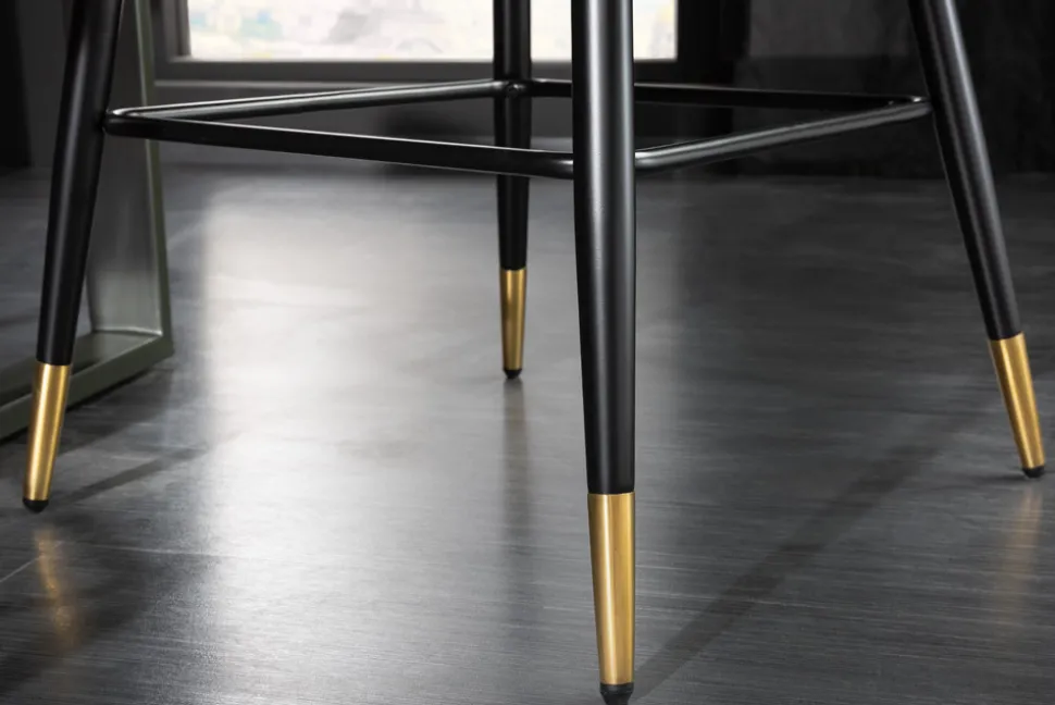 Design Barhocker PARIS petrol Samt Ziersteppung Fußkappen gold mit Armlehnen