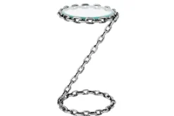 Design Beistelltisch CHAINS 35cm silber handmade Metall rund Glasplatte Kettengestell