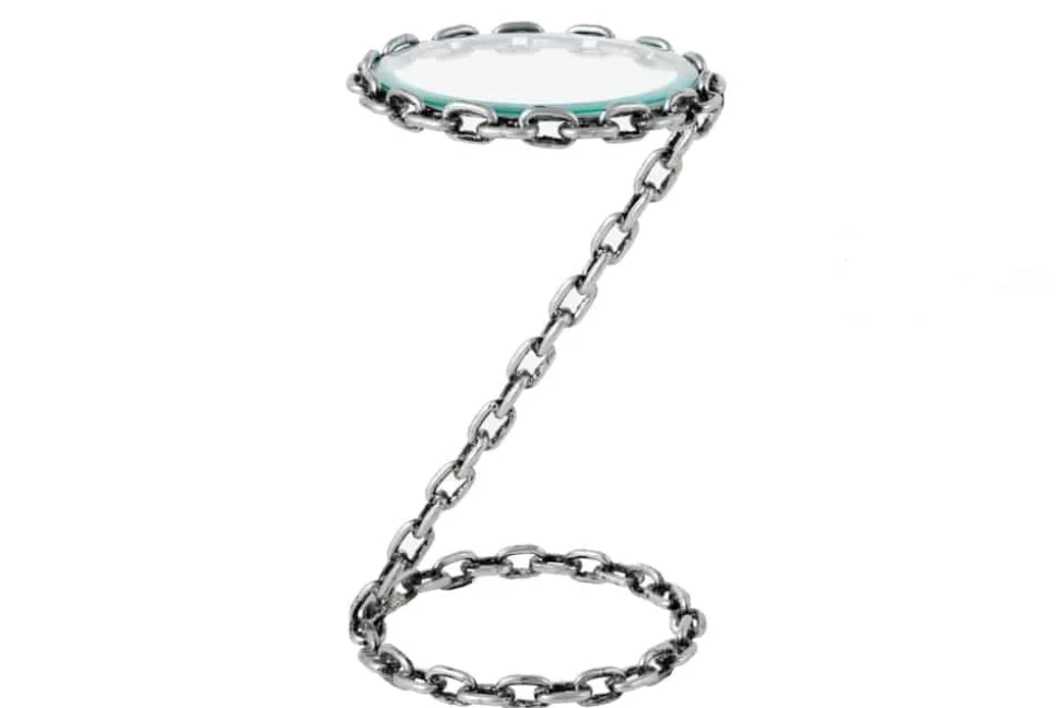 Design Beistelltisch CHAINS 35cm silber handmade Metall rund Glasplatte Kettengestell