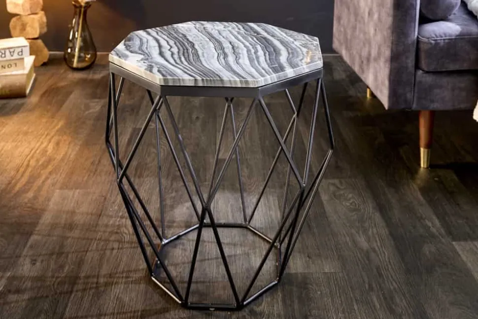 Design Beistelltisch DIAMOND 50cm grau Marmor schwarz Metall