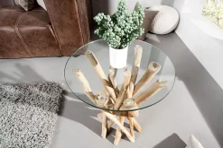 Design Beistelltisch DRIFTWOOD 40cm Teakholz mit Glasplatte rund Couchtisch