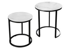 Design Beistelltisch ELEGANCE 2er Set weiß rund Kristallglas mit Marmor-Dekor schwarzes Gestell