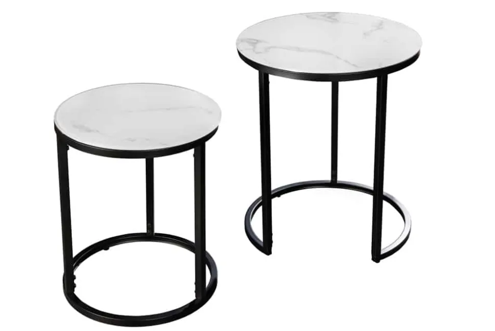 Design Beistelltisch ELEGANCE 2er Set weiß rund Kristallglas mit Marmor-Dekor schwarzes Gestell