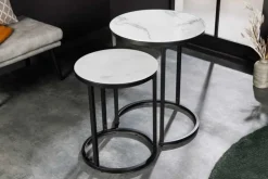 Design Beistelltisch ELEGANCE 2er Set weiß rund Kristallglas mit Marmor-Dekor schwarzes Gestell