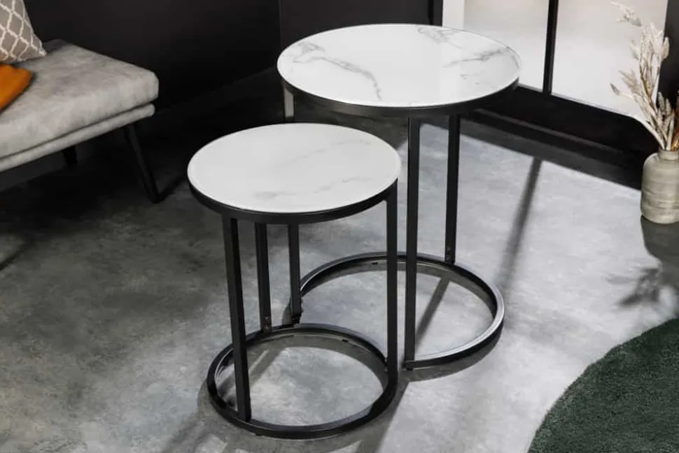 Design Beistelltisch ELEGANCE 2er Set weiß rund Kristallglas mit Marmor-Dekor schwarzes Gestell