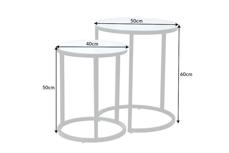 Design Beistelltisch ELEGANCE 2er Set weiß rund Kristallglas mit Marmor-Dekor schwarzes Gestell