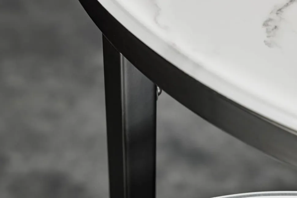 Design Beistelltisch ELEGANCE 2er Set weiß rund Kristallglas mit Marmor-Dekor schwarzes Gestell
