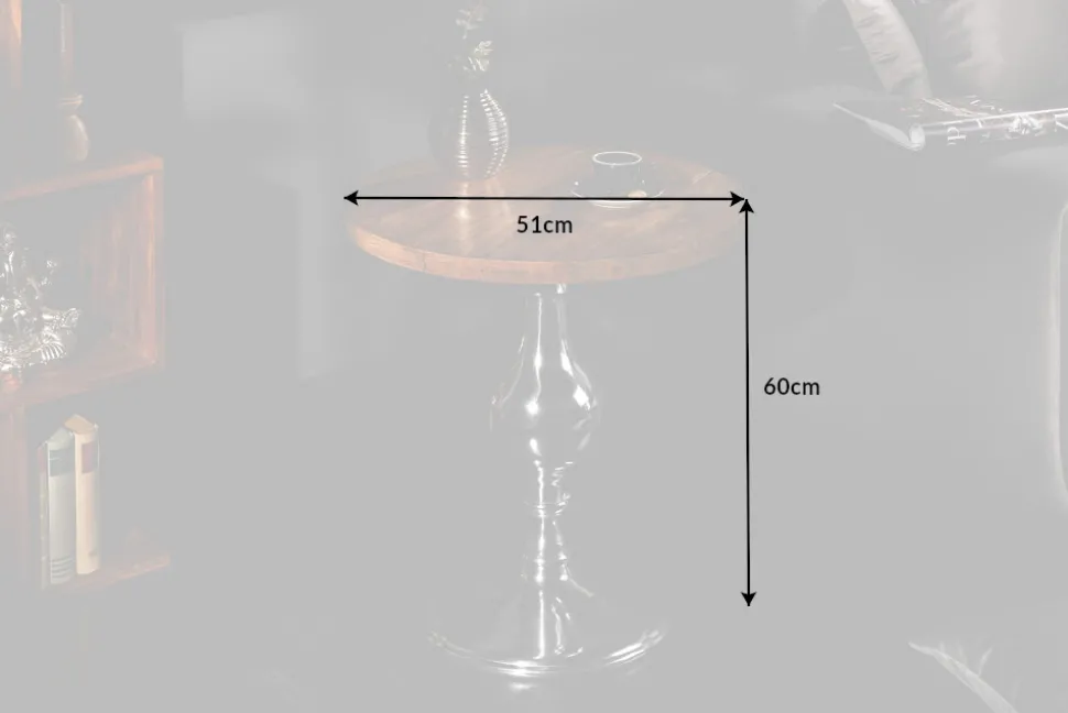 Design Beistelltisch EXTRAVAGANCIA 60cm Mangoholz massiv rund Metall Säulenfuß silber