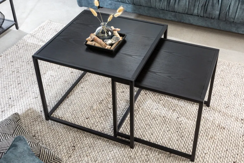 Design Beistelltische 2er Set SLIM LINE 50cm Esche schwarz Industrial Stil