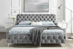 Design Bett MODERN BAROCK 160x200cm grau Samt Chesterfield Doppelbett