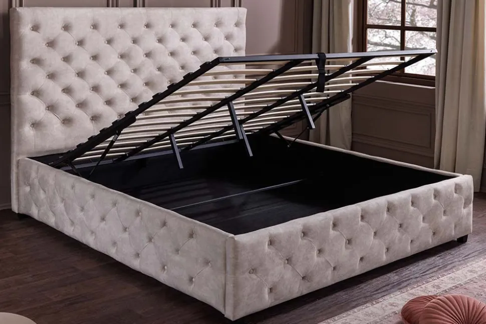 Design Boxbett PARIS 180x200cm champagner beige Samt mit Stauraum und Lattenrost