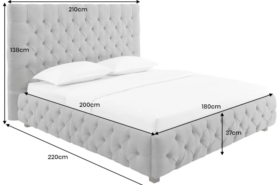 Design Boxbett PARIS 180x200cm grau Leinen Chesterfield Doppelbett