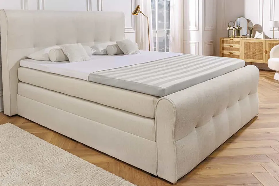 Design Boxspringbett SIGNUM 180x200cm creme Strukturstoff inkl. Stauraum Topper