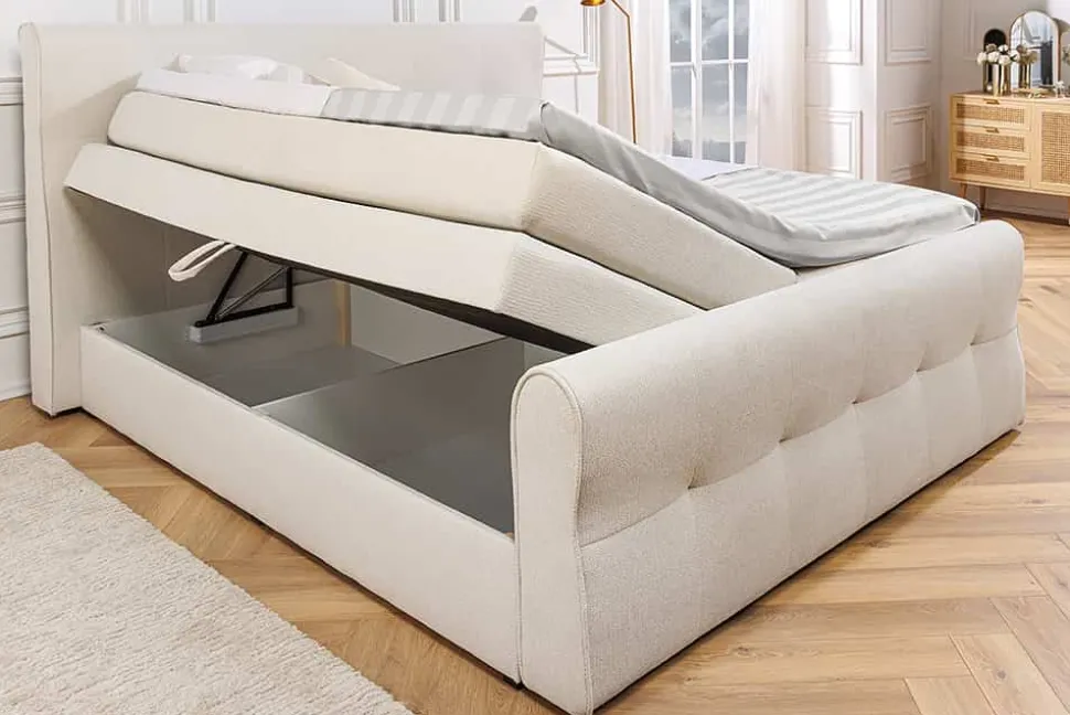 Design Boxspringbett SIGNUM 180x200cm creme Strukturstoff inkl. Stauraum Topper