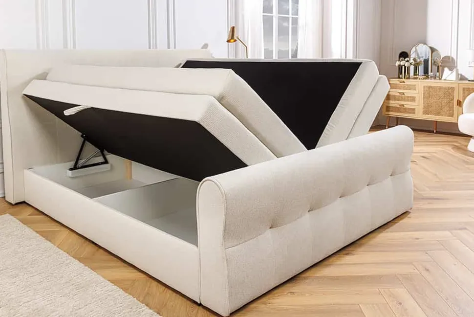 Design Boxspringbett SIGNUM 180x200cm creme Strukturstoff inkl. Stauraum Topper