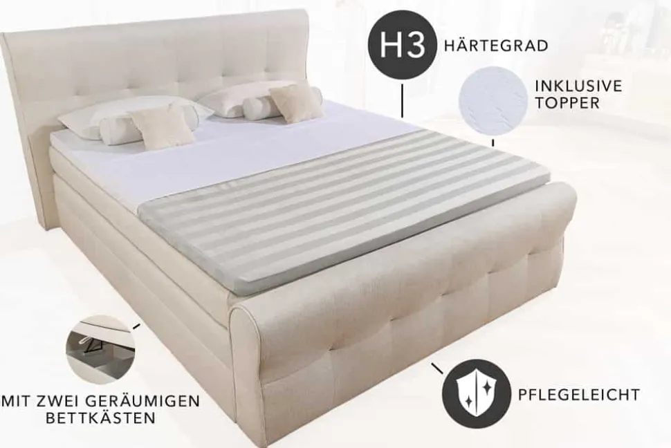 Design Boxspringbett SIGNUM 180x200cm creme Strukturstoff inkl. Stauraum Topper