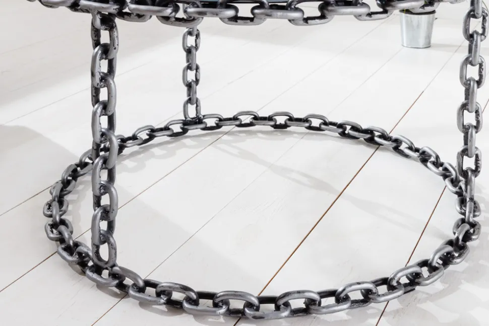Design Couchtisch CHAINS 65cm silber handmade Metall rund Glasplatte Kettengestell