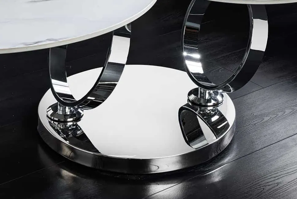 Design Couchtisch DANCING RINGS weiß rund drehbar Marmor Keramik Chrome Gestell