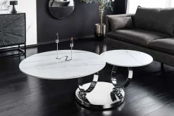 Design Couchtisch DANCING RINGS weiß rund drehbar Marmor Keramik Chrome Gestell