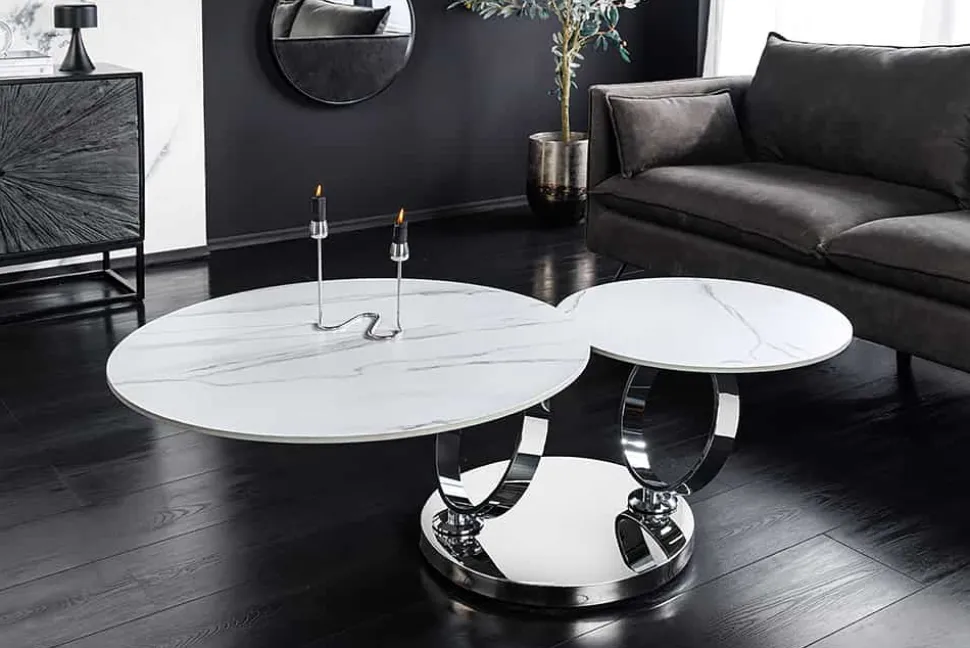 Design Couchtisch DANCING RINGS weiß rund drehbar Marmor Keramik Chrome Gestell