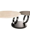Design Couchtisch DANCING RINGS rost rund drehbar Travertin Keramik schwarz Gestell