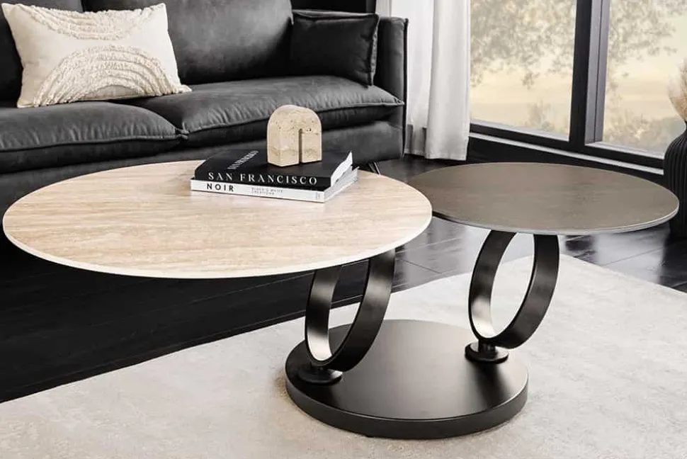 Design Couchtisch DANCING RINGS rost rund drehbar Travertin Keramik schwarz Gestell