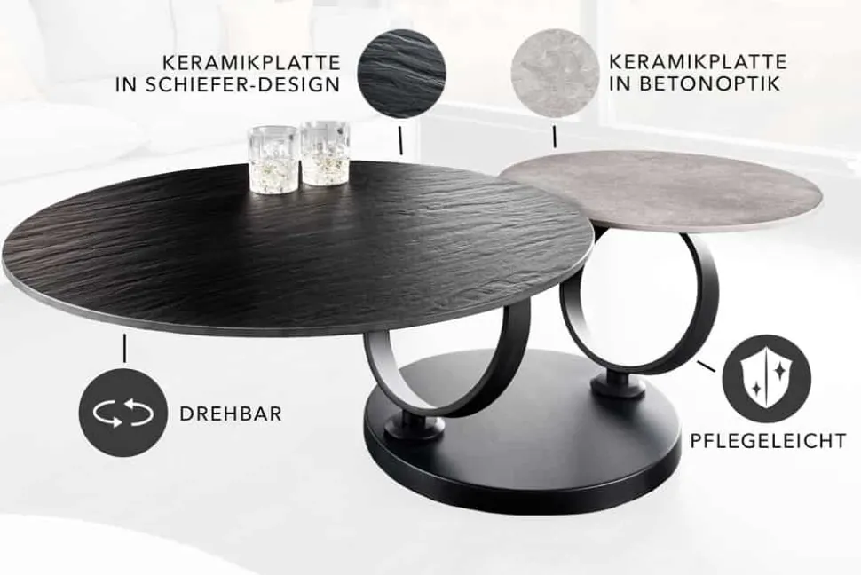 Design Couchtisch DANCING RINGS schwarz grau rund drehbar Keramik Metall