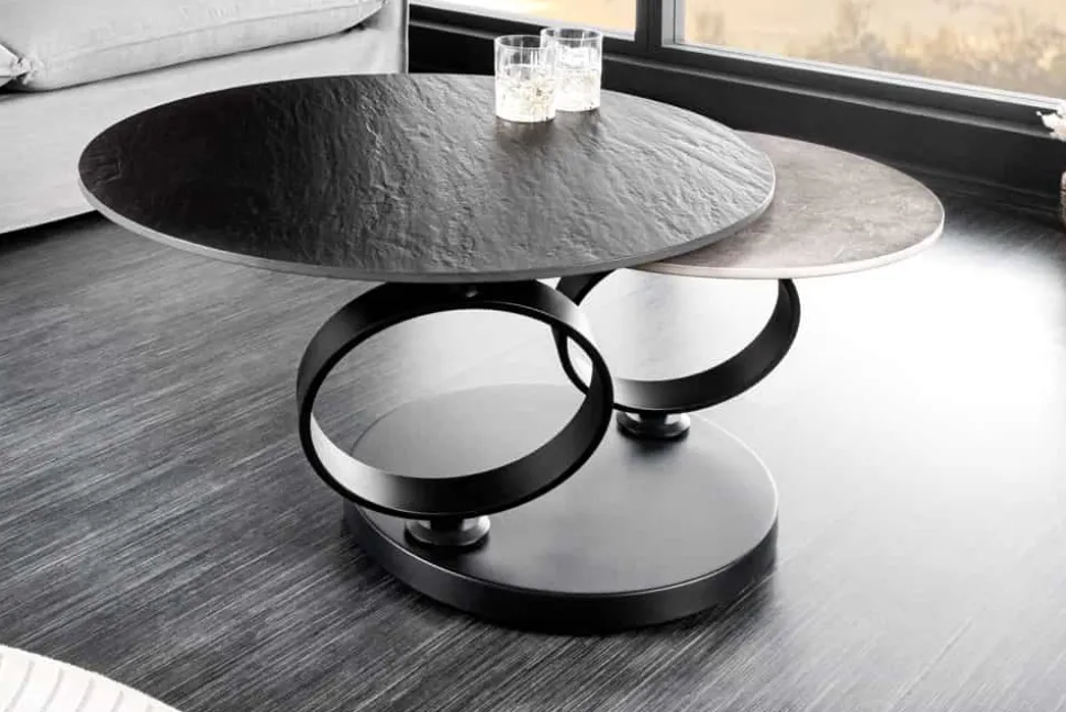 Design Couchtisch DANCING RINGS schwarz grau rund drehbar Keramik Metall