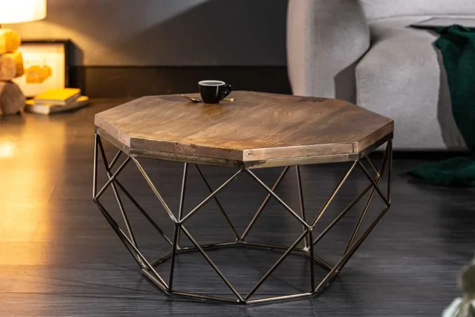 Design Couchtisch DIAMOND 70cm natur Mangoholz massiv messing Eisengestell