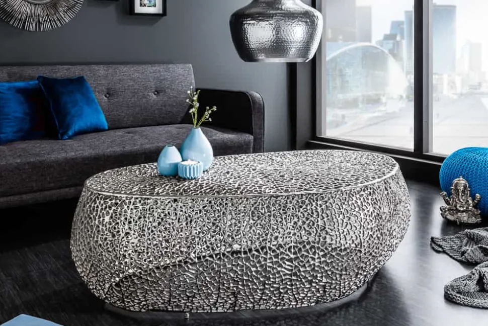 Design Couchtisch LEAF 130cm silber Metall-Aluminium-Legierung handmade