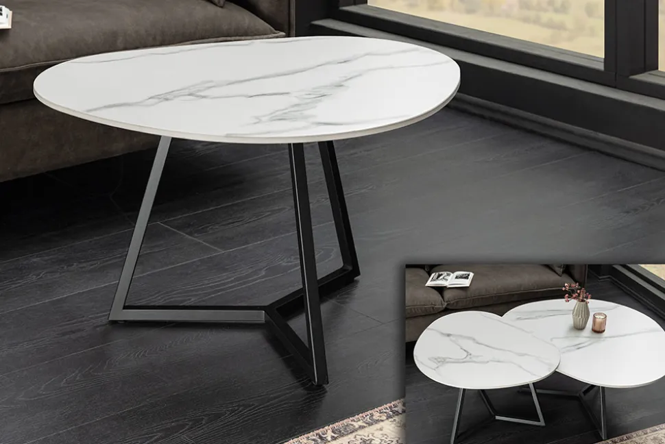 Design Couchtisch MARVELOUS 70cm weiß Marmor Keramik schwarzes Metall