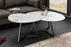 Design Couchtisch MARVELOUS 70cm weiß Marmor Keramik schwarzes Metall