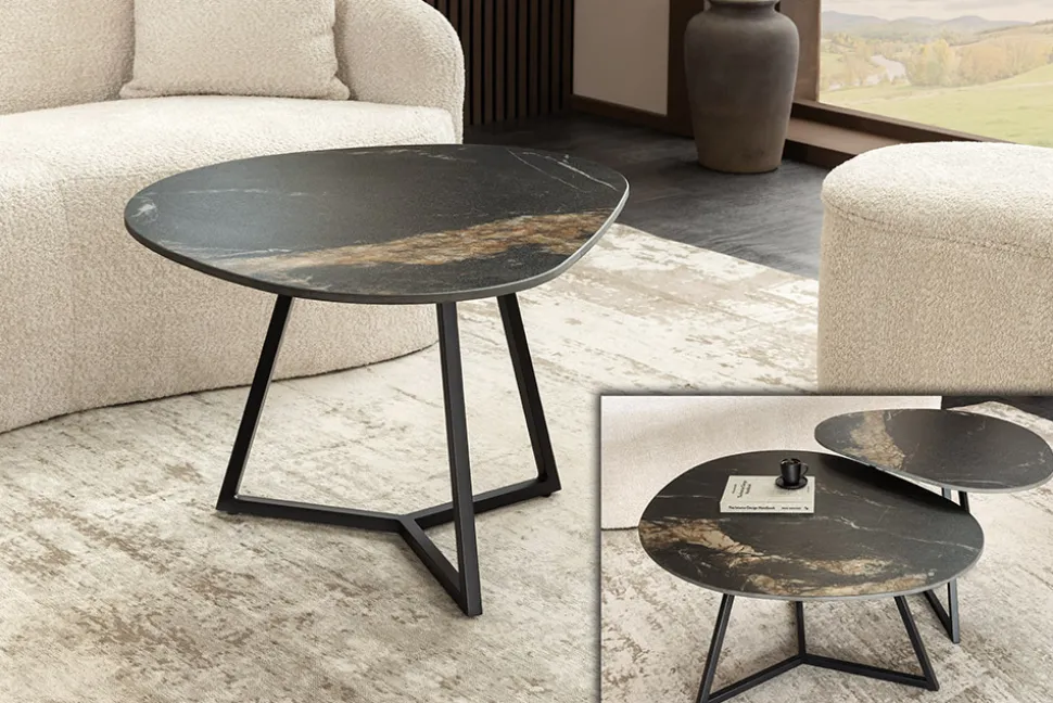 Design Couchtisch MARVELOUS 70cm schwarz gold sand AURORA ORO Keramik Metall