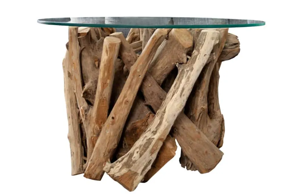 Design Couchtisch NATURE LOUNGE 60cm Teakholz mit runder Glasplatte Beistelltisch