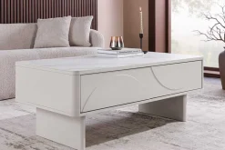 Design Couchtisch SAVOY 120cm kaschmir weiß Keramik Marmor mit Schubladen