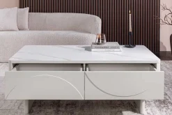 Design Couchtisch SAVOY 120cm kaschmir weiß Keramik Marmor mit Schubladen