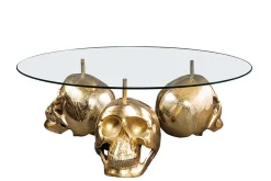 Design Couchtisch SKULL XXL 90cm gold rund Glasplatte Metall Totenkopf handmade