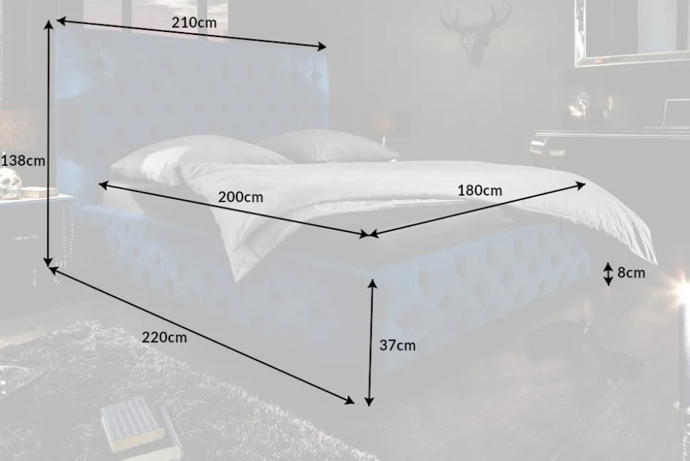 Design Doppelbett PARIS 180x200cm dunkelblau Samt Chesterfield