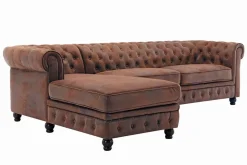 Design Ecksofa CHESTERFIELD 270cm antik braun Microfaser Federkern Ottomane links Vintage