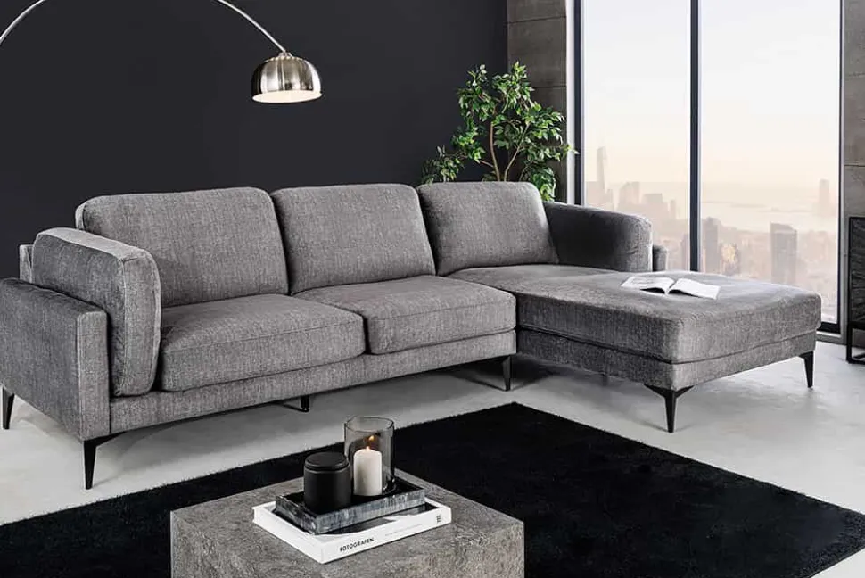 Design Ecksofa MANHATTAN 295cm dunkelgrau Samt Federkern 3-Sitzer Metallfüße