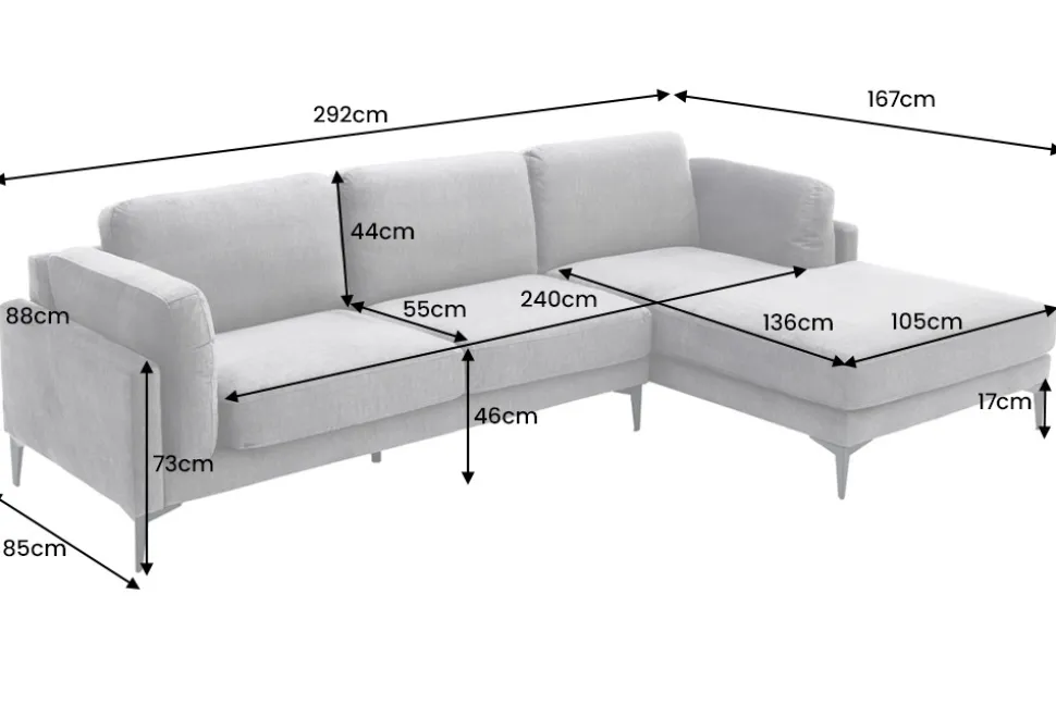 Design Ecksofa MANHATTAN 295cm dunkelgrau Samt Federkern 3-Sitzer Metallfüße