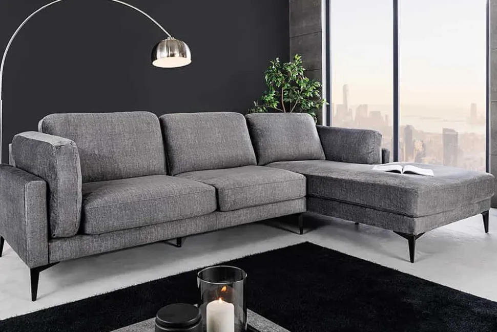 Design Ecksofa MANHATTAN 295cm dunkelgrau Samt Federkern 3-Sitzer Metallfüße