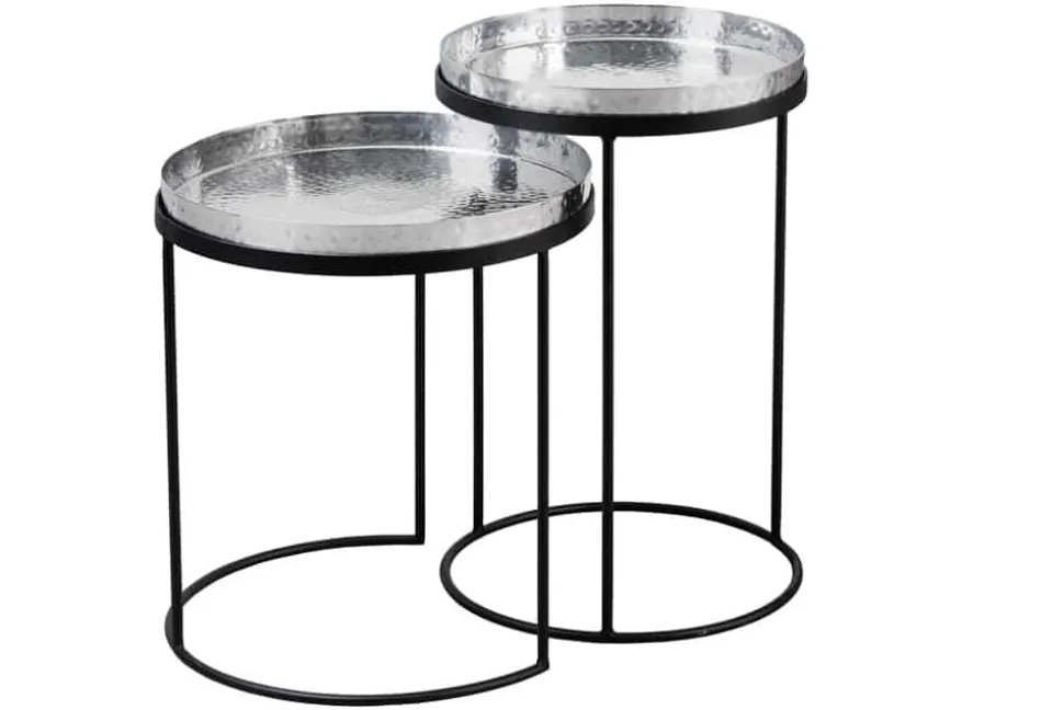 Design 2er Set Beistelltisch ELEMENTS 55cm silber Hammerschlag handmade rund