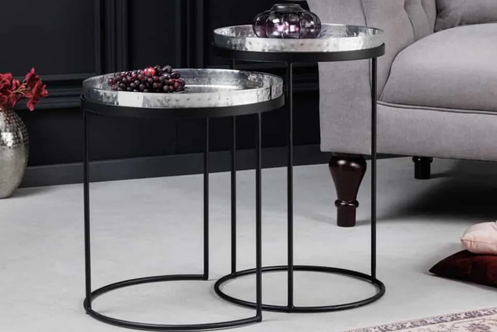 Design 2er Set Beistelltisch ELEMENTS 55cm silber Hammerschlag handmade rund