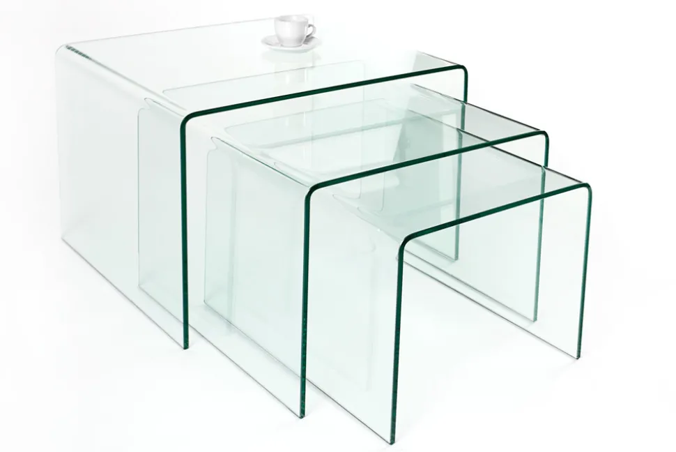 Design 3er Set Glas Couchtisch FANTOME 60cm Beistelltische transparent