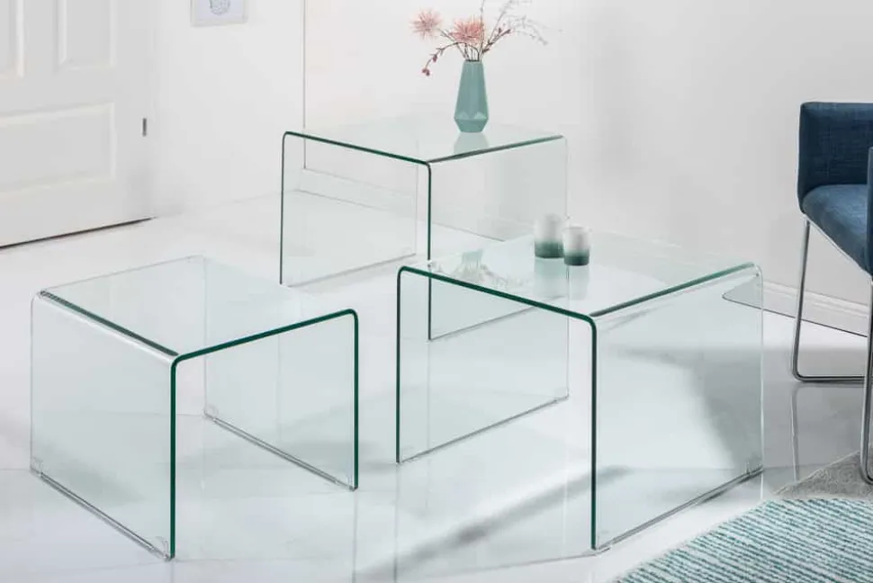 Design 3er Set Glas Couchtisch FANTOME 60cm Beistelltische transparent