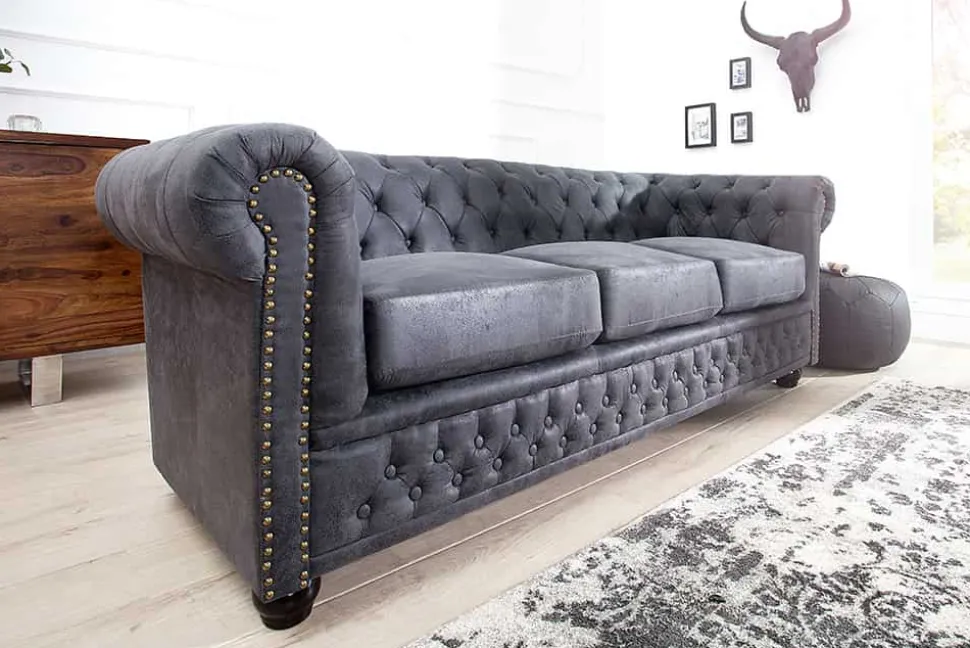 Design 3er Sofa CHESTERFIELD 200cm antik grau Federkern 3-Sitzer Loungesofa